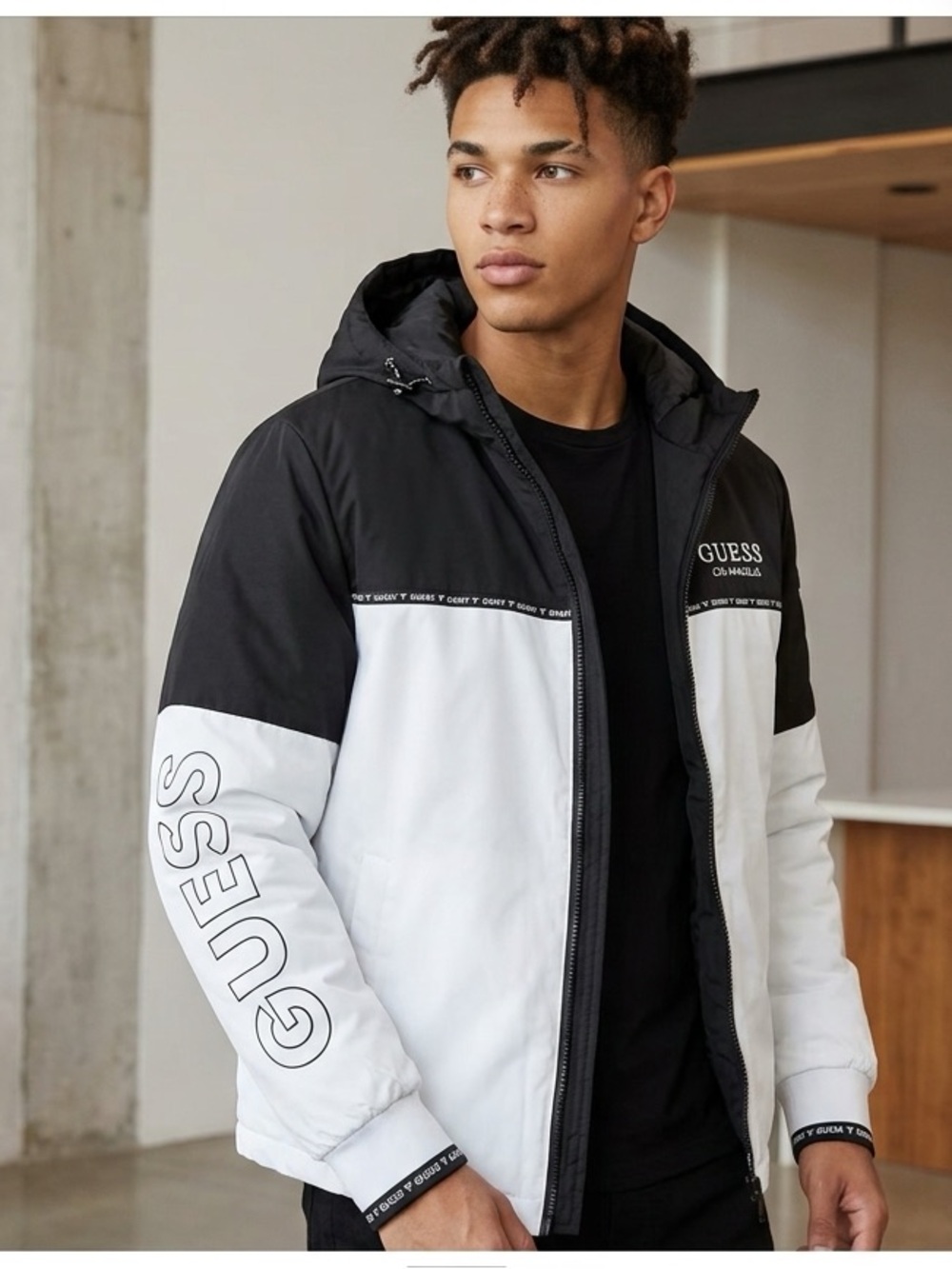 GUESS Black and White Colorblock Hooded Winter Jacket